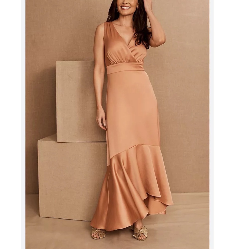 BHLDN Fairbanks Satin Maxi Dress Copper‎ V Neck Sleeveless Ruffle Hem Size 2